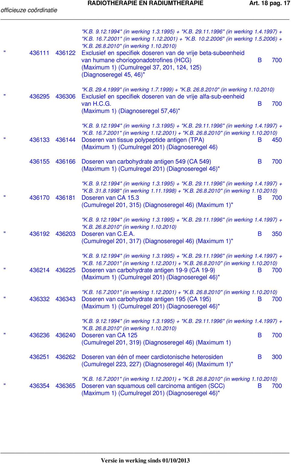 4.1999" (in werking 1.7.1999) + " 436295 436306 Exclusief en specifiek doseren van de vrije alfa-sub-eenheid van H.C.G. B 700 (Maximum 1) (Diagnoseregel 57,46)" "K.B. 16.7.2001" (in werking 1.12.