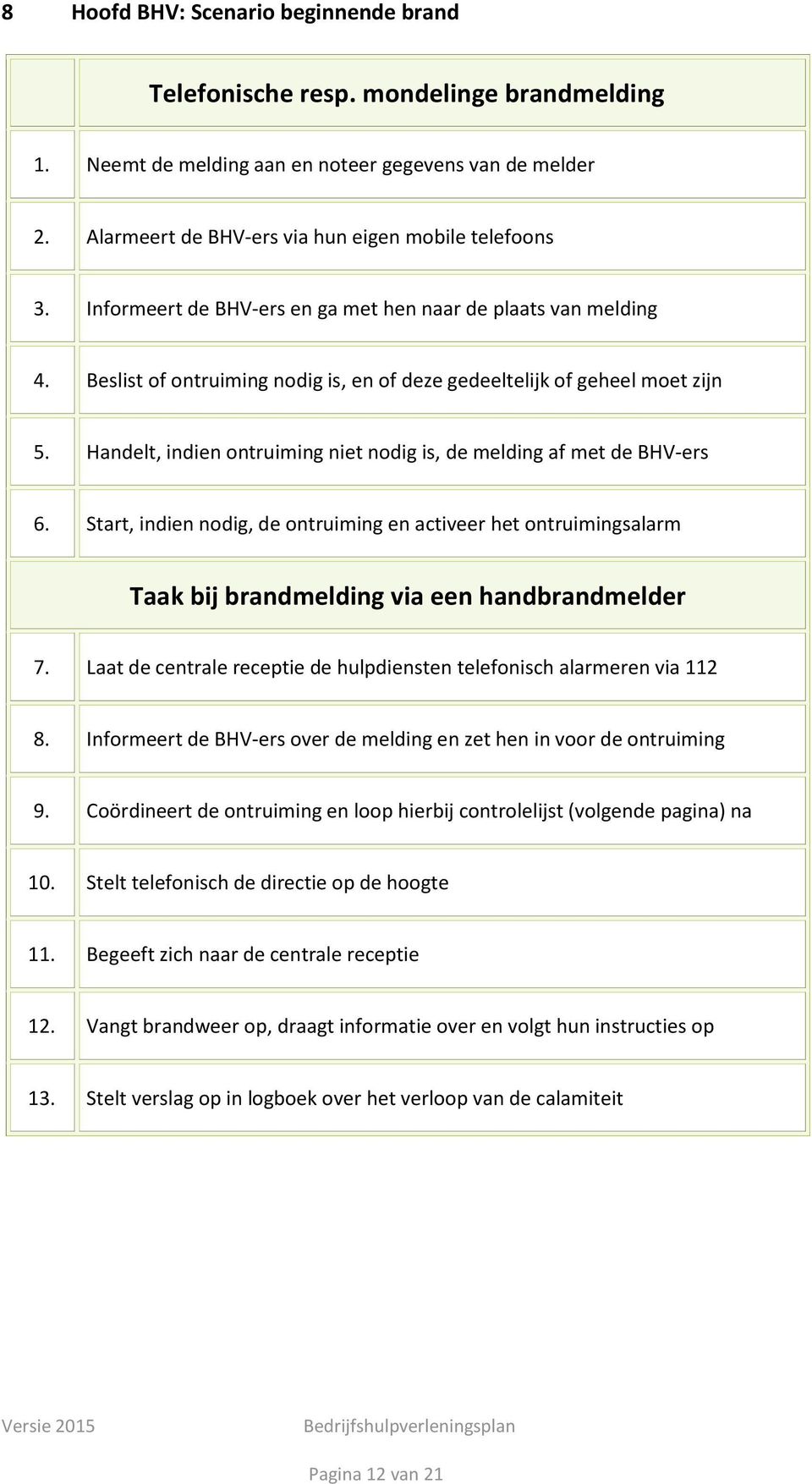 Handelt, indien ontruiming niet nodig is, de melding af met de BHV-ers 6. Start, indien nodig, de ontruiming en activeer het ontruimingsalarm Taak bij brandmelding via een handbrandmelder 7.