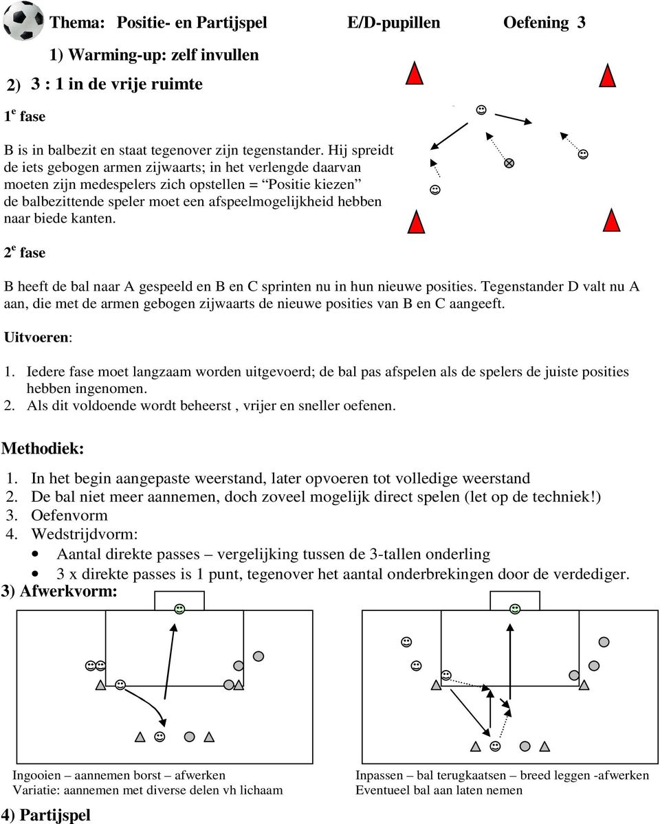 kanten. 2 e fase B heeft de bal naar A gespeeld en B en C sprinten nu in hun nieuwe posities. Tegenstander D valt nu A aan, die met de armen gebogen zijwaarts de nieuwe posities van B en C aangeeft.