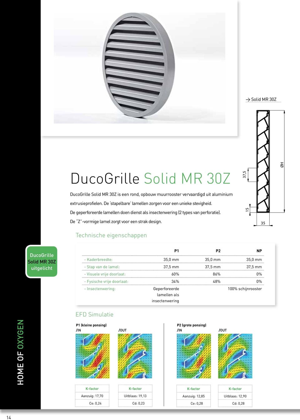 35 Technische eigenschappen DucoGrille Solid MR 30Z uitgelicht P1 P2 NP - Kaderbreedte: 35,0 mm 35,0 mm 35,0 mm - Stap van de lamel: 37,5 mm 37,5 mm 37,5 mm - Visuele vrije doorlaat: 60% 86% 0% -