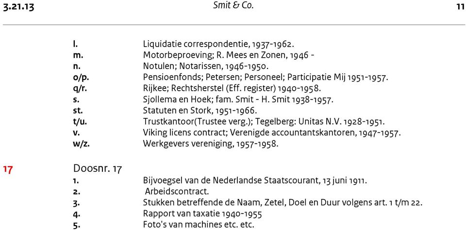 Statuten en Stork, 1951-1966. t/u. Trustkantoor(Trustee verg.); Tegelberg: Unitas N.V. 1928-1951. v. Viking licens contract; Verenigde accountantskantoren, 1947-1957. w/z.
