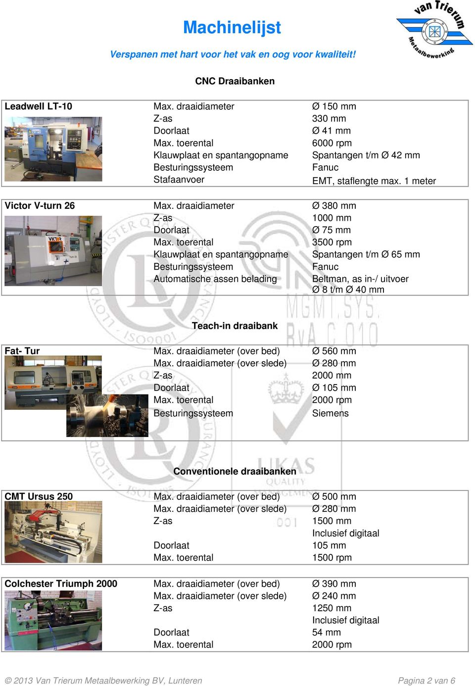Max. draaidiameter (over bed) Ø 560 mm Max. draaidiameter (over slede) Ø 280 mm 2000 mm Ø 105 mm 2000 rpm Siemens Conventionele draaibanken CMT Ursus 250 Max. draaidiameter (over bed) Ø 500 mm Max.