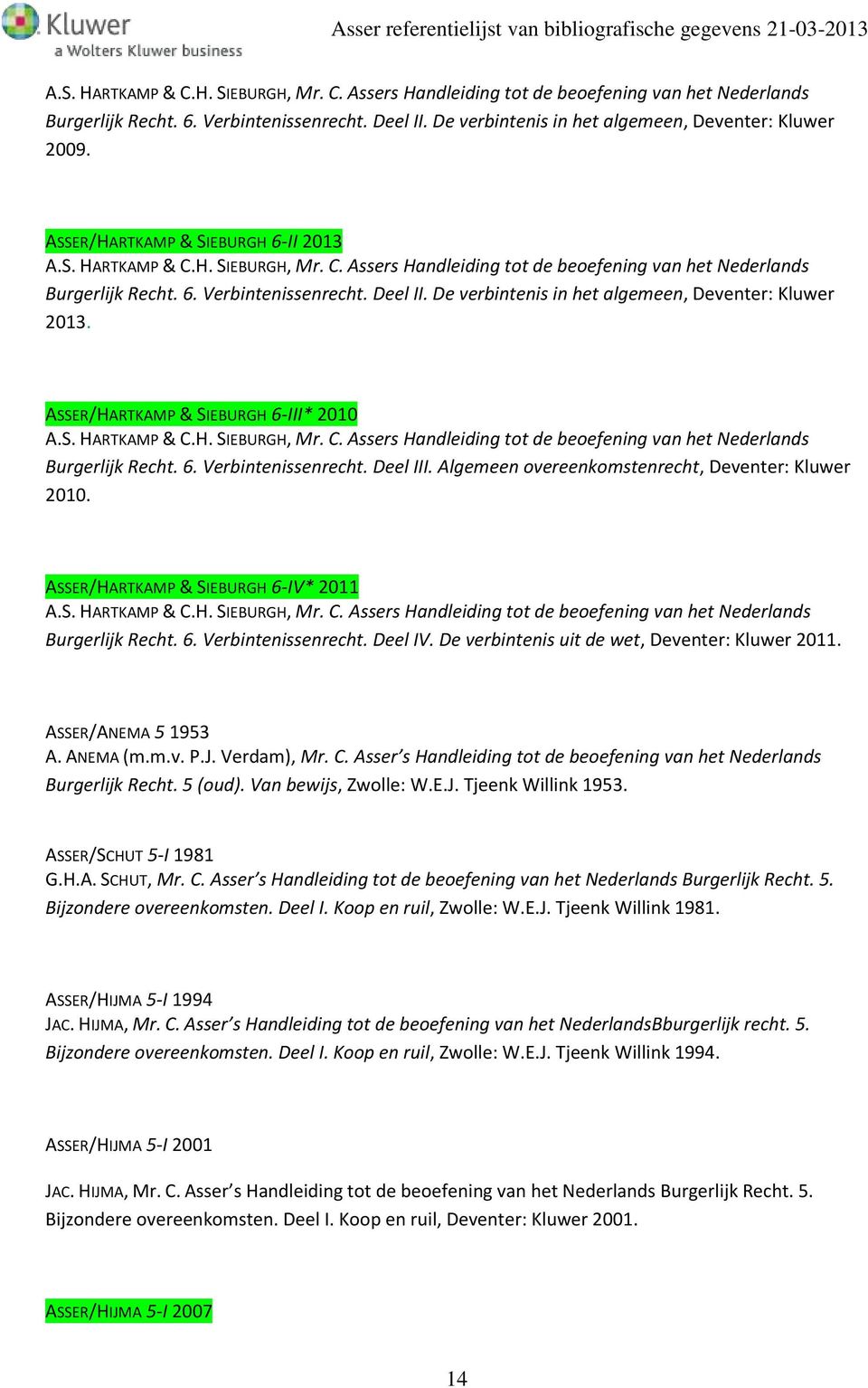 De verbintenis in het algemeen, Deventer: Kluwer 2013. ASSER/HARTKAMP & SIEBURGH 6-III* 2010 A.S. HARTKAMP & C.H. SIEBURGH, Mr. C. Assers Handleiding tot de beoefening van het Nederlands Burgerlijk Recht.