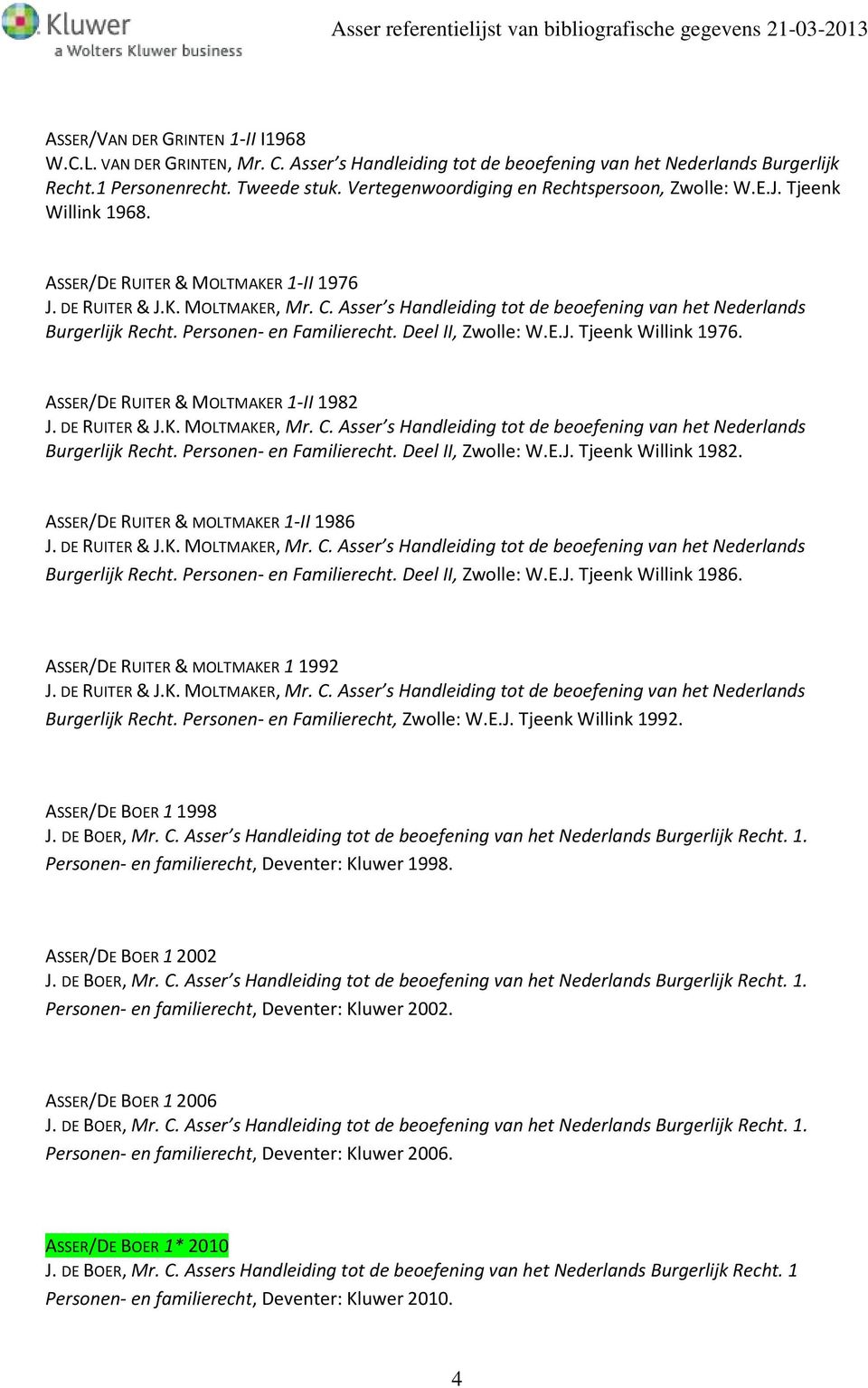Asser s Handleiding tot de beoefening van het Nederlands Burgerlijk Recht. Personen- en Familierecht. Deel II, Zwolle: W.E.J. Tjeenk Willink 1976. ASSER/DE RUITER & MOLTMAKER 1-II 1982 J.