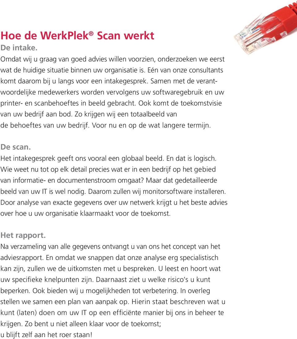 Samen met de verantwoordelijke medewerkers worden vervolgens uw softwaregebruik en uw printer- en scanbehoeftes in beeld gebracht. Ook komt de toekomstvisie van uw bedrijf aan bod.