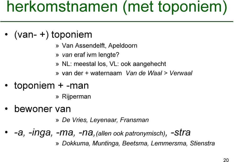 » NL: meestal los, VL: ook aangehecht» van der + waternaam Van de Waal > Verwaal»