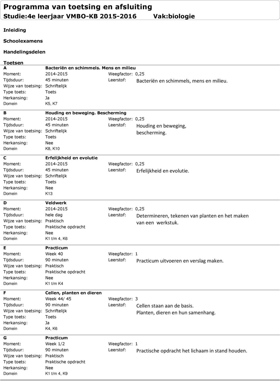 C D E F G Erfelijkheid en evolutie 4-5 K Veldwerk 4-5 hele dag e opdracht K t/m 4, K6 Practicum Week 4 e opdracht K t/m K4 Cellen, planten en dieren Week 44/ 45 K4, K6 Practicum