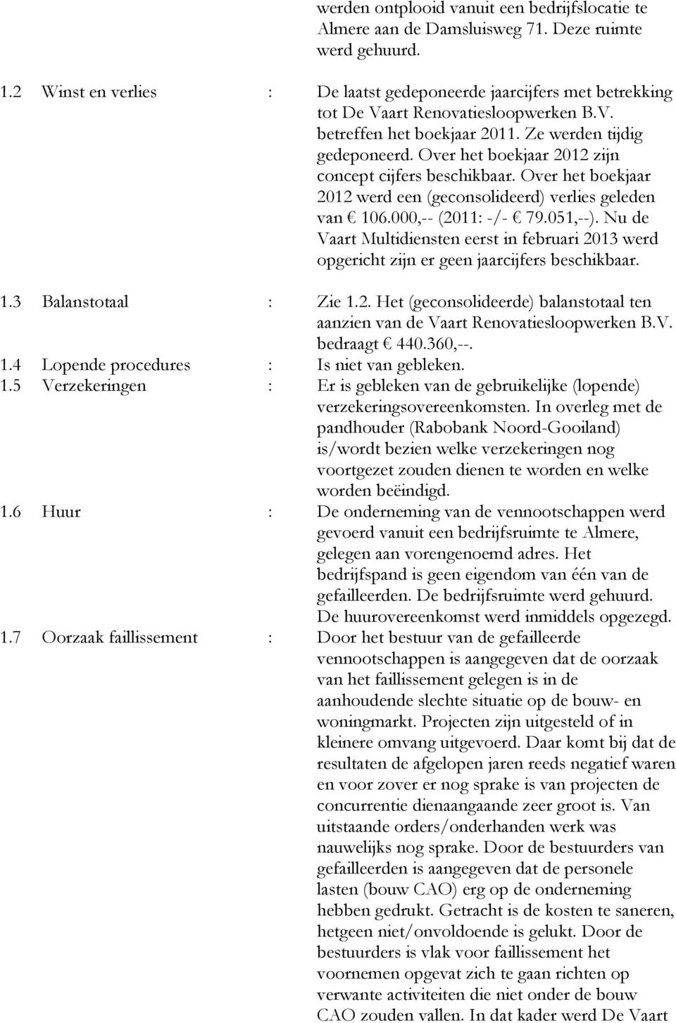 Over het boekjaar 2012 zijn concept cijfers beschikbaar. Over het boekjaar 2012 werd een (geconsolideerd) verlies geleden van 106.000,-- (2011: -/- 79.051,--).