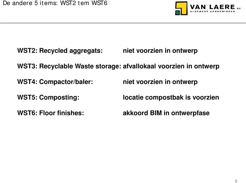 ontwerp WST4: Compactor/baler: WST5: Composting: WST6: Floor finishes: