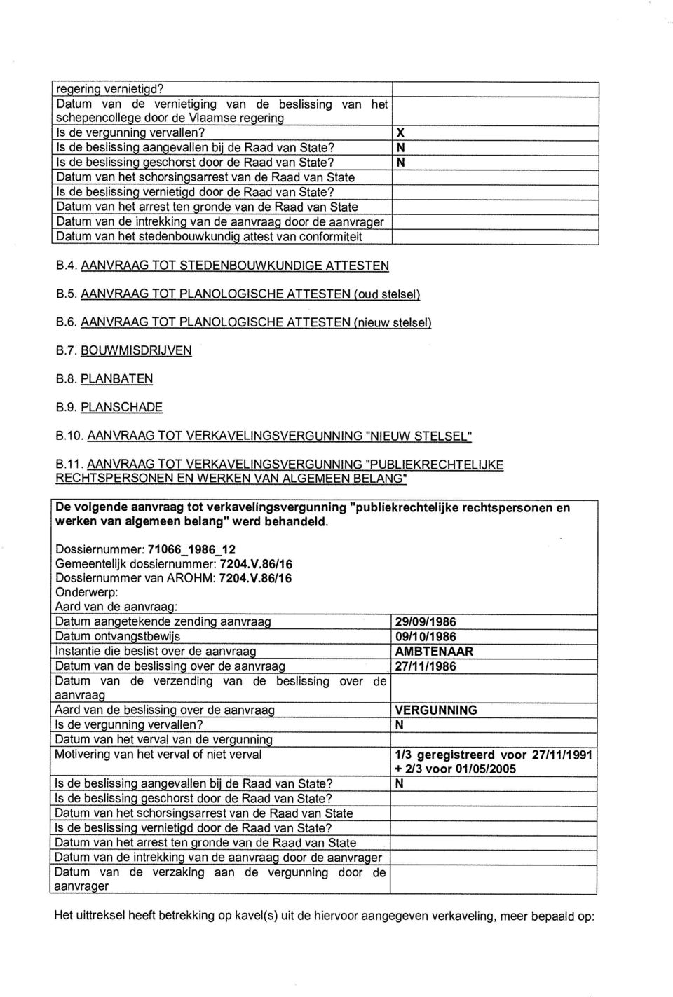 Datum van het arrest ten gronde van de Raad van State Datum van de intrekking van de aanvraag door de aanvrager Datum van het stedenbouwkundig attest van conformiteit N N B.4.