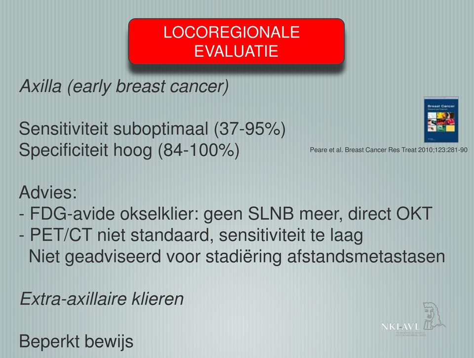Breast Cancer Res Treat 2010;123:281-90 Advies: - FDG-avide okselklier: geen SLNB meer,