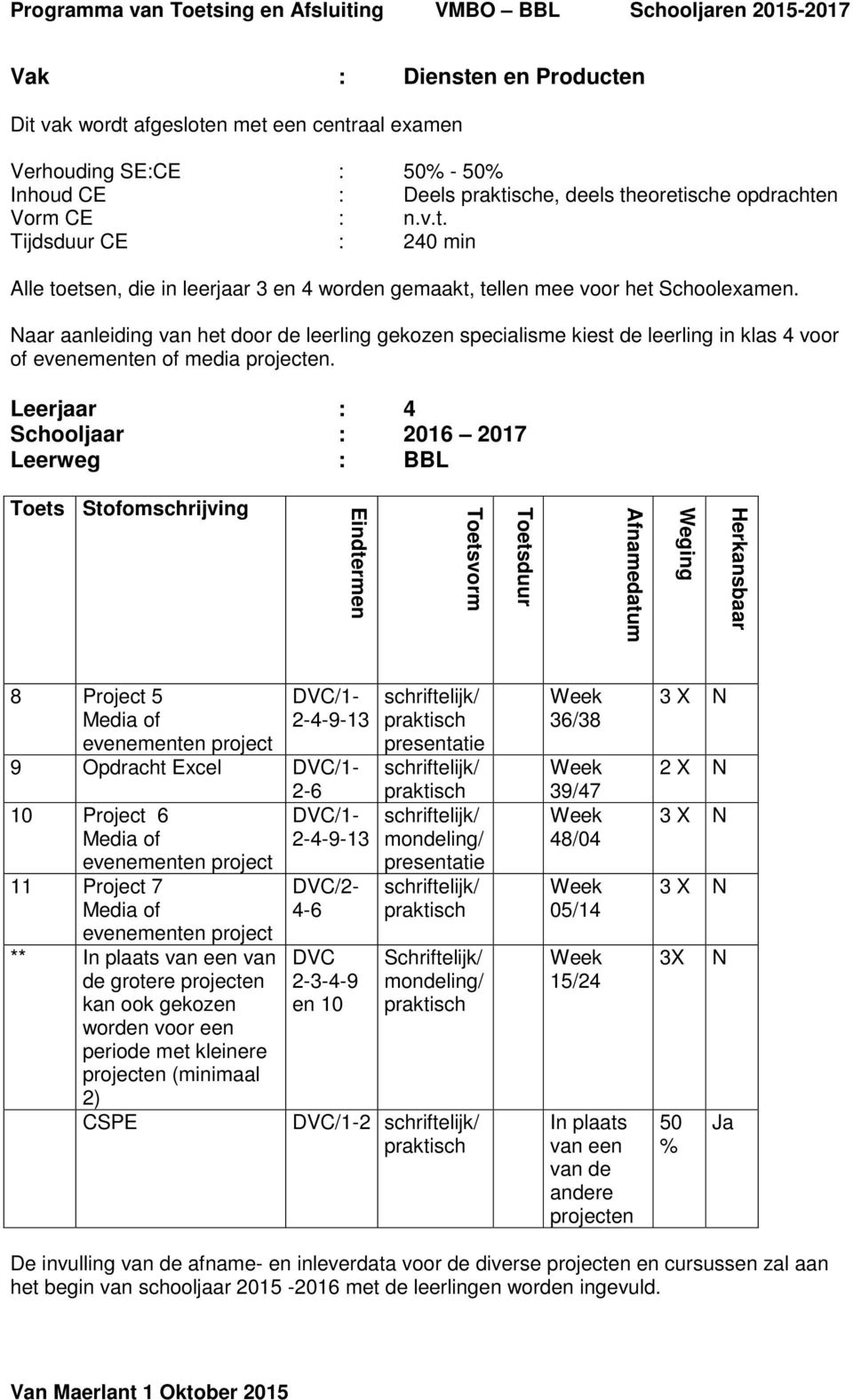 Leerjaar : 4 Schooljaar : 2016 2017 Toets Stofomschrijving 8 Project 5 Media of evenementen project DVC/1-2-4-9-13 9 Opdracht Excel DVC/1-2-6 10 Project 6 DVC/1- Media of 2-4-9-13 evenementen project