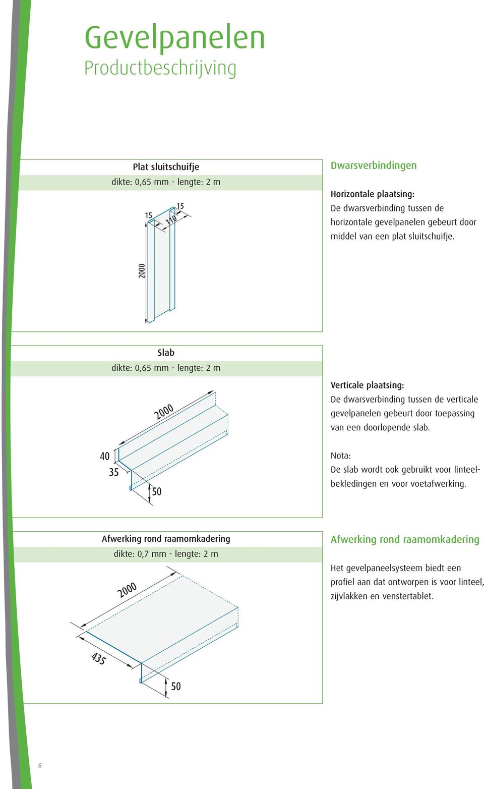 000 Slab dikte: 0,65 mm - lengte: m 000 Verticale plaatsing: De dwarsverbinding tussen de verticale gevelpanelen gebeurt door toepassing van een doorlopende slab.