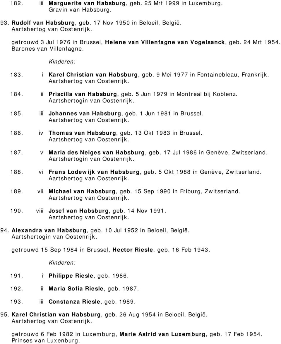 ii Priscilla van Habsburg, geb. 5 Jun 1979 in Montreal bij Koblenz. 185. iii Johannes van Habsburg, geb. 1 Jun 1981 in Brussel. 186. iv Thomas van Habsburg, geb. 13 Okt 1983 in Brussel. 187.