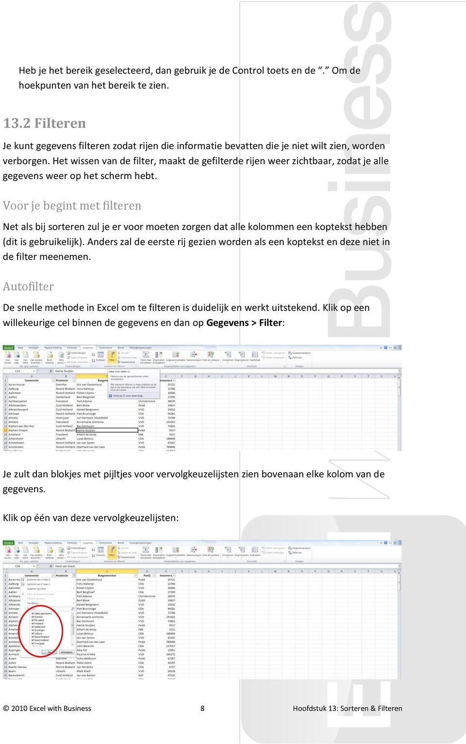 Het wissen van de filter, maakt de gefilterde rijen weer zichtbaar, zodat je alle gegevens weer op het scherm hebt.