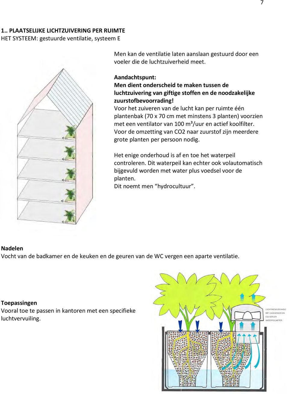 Voor het zuiveren van de lucht kan per ruimte één plantenbak (70 x 70 cm met minstens 3 planten) voorzien met een ventilator van 100 m³/uur en actief koolfilter.