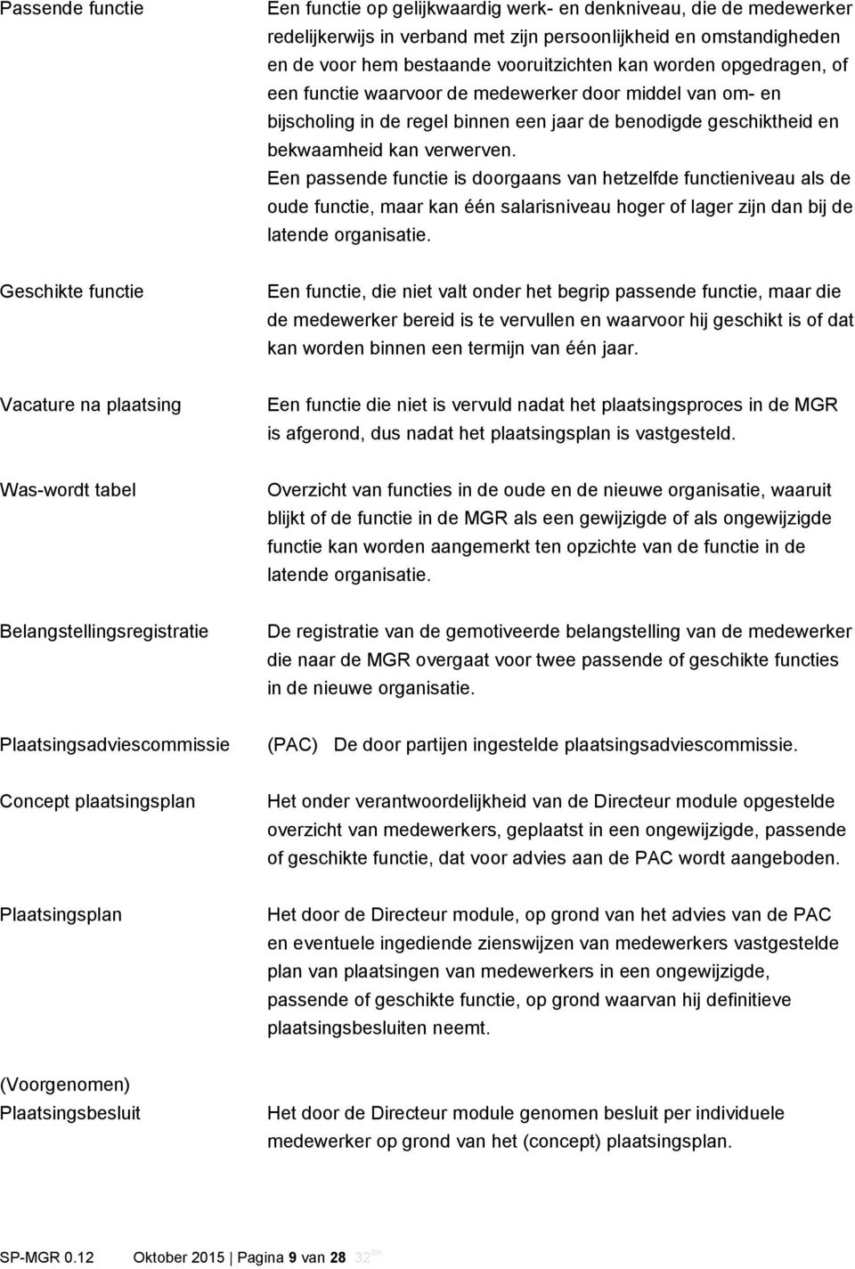 Een passende functie is doorgaans van hetzelfde functieniveau als de oude functie, maar kan één salarisniveau hoger of lager zijn dan bij de latende organisatie.