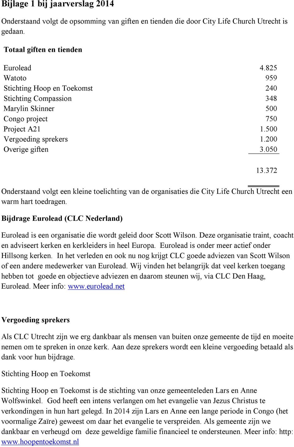 372 Onderstaand volgt een kleine toelichting van de organisaties die City Life Church Utrecht een warm hart toedragen.