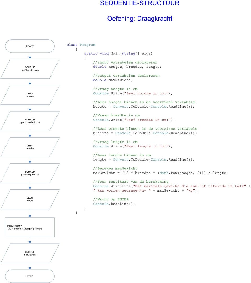 Write("Geef breedte in cm:"); //Lees breedte binnen in de voorziene variabele breedte = Convert.ToDouble(Console.ReadLine()); //Vraag lengte in cm Console.