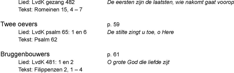 59 Lied: LvdK psalm 65: 1 en 6 De stilte zingt u toe, o Here Tekst: