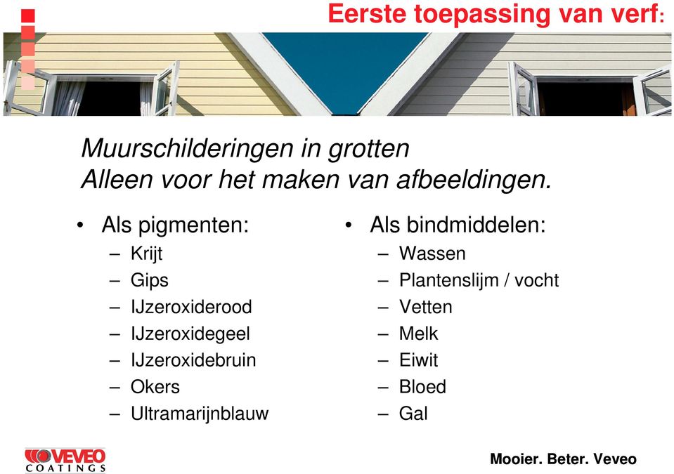 Als pigmenten: Krijt Gips IJzeroxiderood IJzeroxidegeel