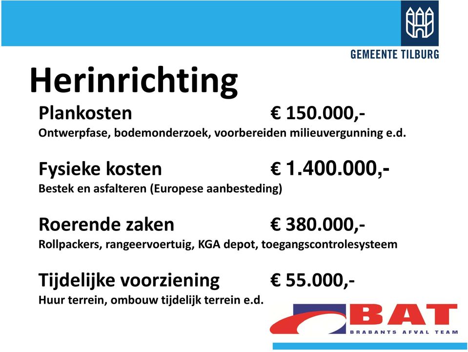 400.000,- Bestek en asfalteren (Europese aanbesteding) Roerende zaken 380.