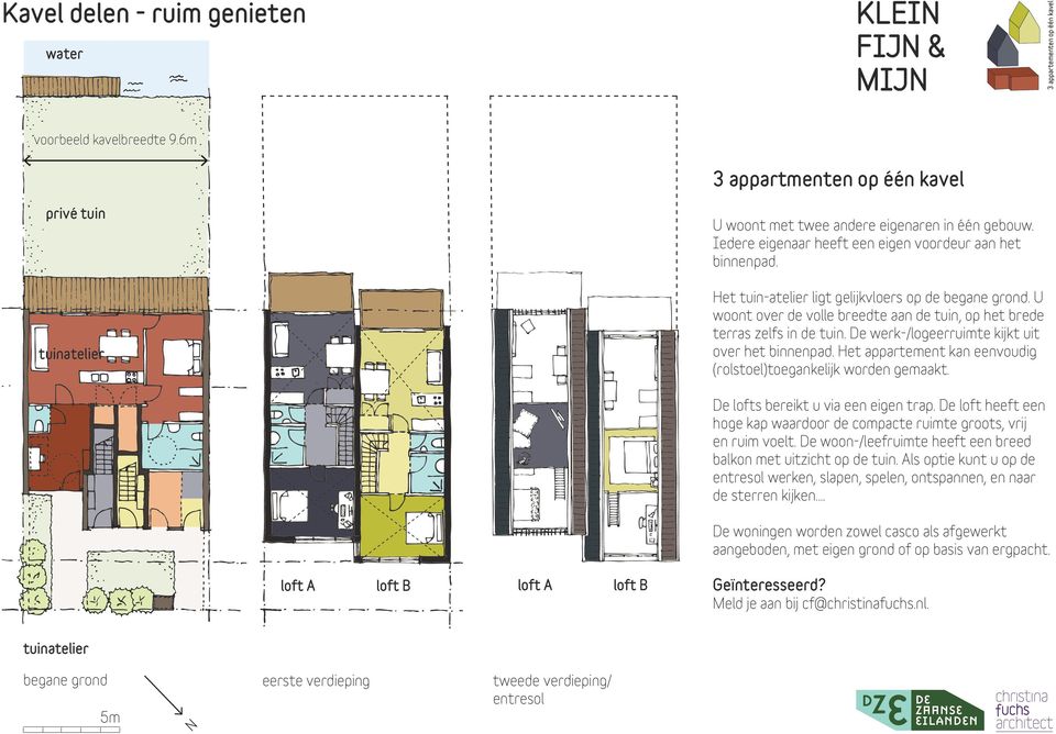 De werk-/logeerruimte kijkt uit over het binnenpad. Het appartement kan eenvoudig (rolstoel)toegankelijk worden gemaakt. De lofts bereikt u via een eigen trap.