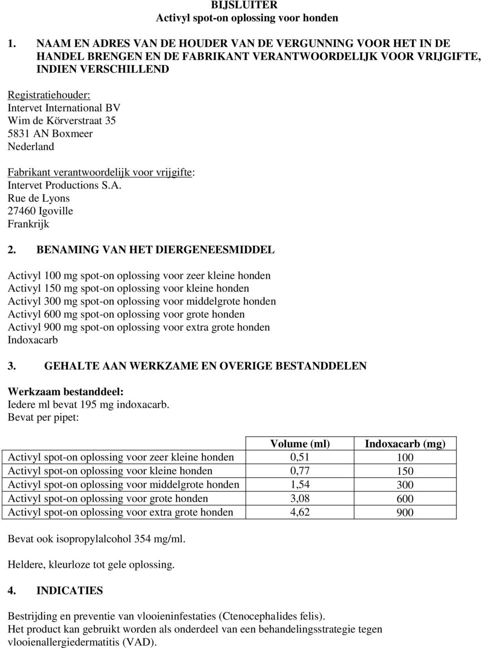 Körverstraat 35 5831 AN Boxmeer Nederland Fabrikant verantwoordelijk voor vrijgifte: Intervet Productions S.A. Rue de Lyons 27460 Igoville Frankrijk 2.