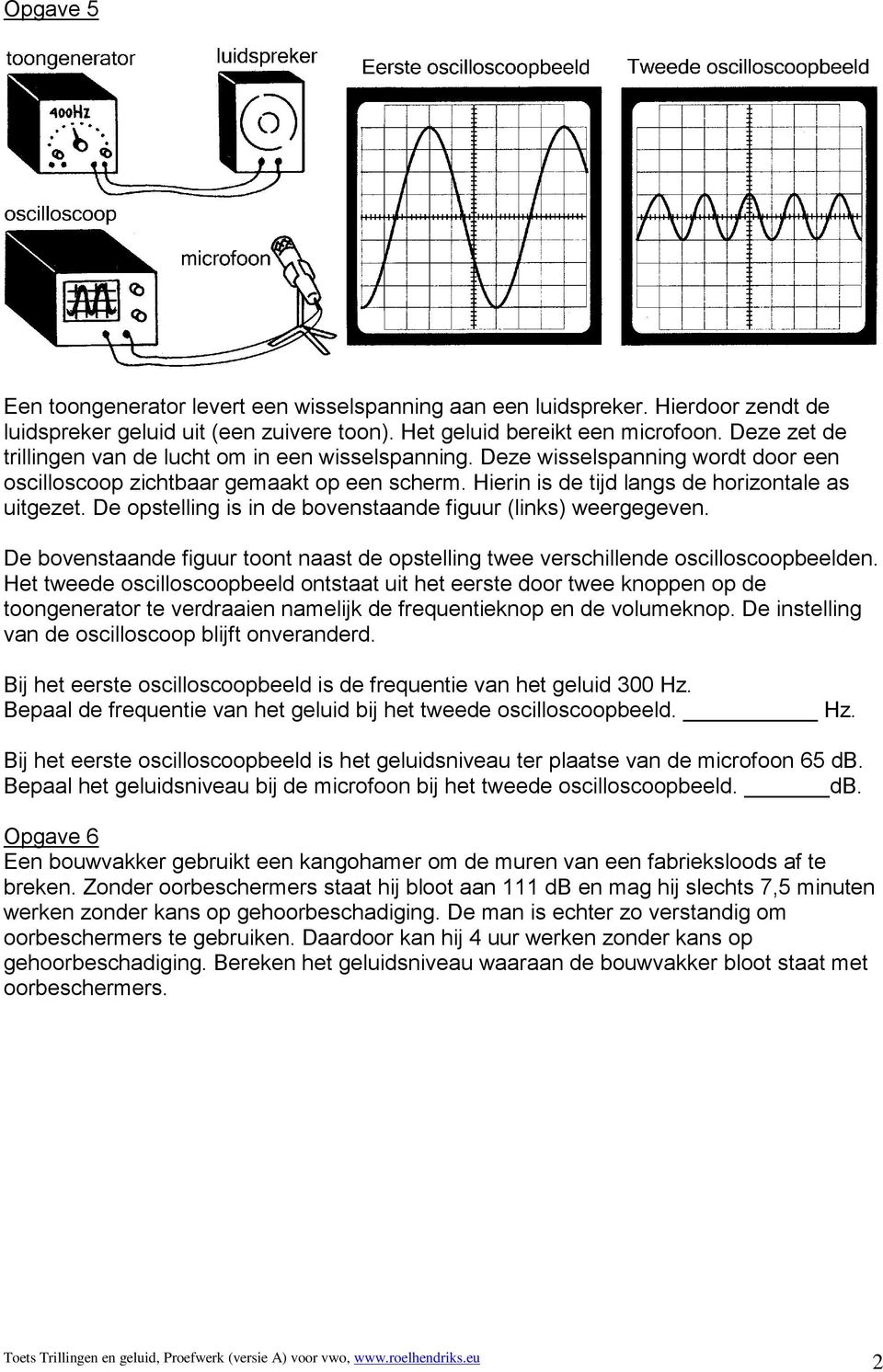 De opstelling is in de bovenstaande figuur (links) weergegeven. De bovenstaande figuur toont naast de opstelling twee verschillende oscilloscoopbeelden.