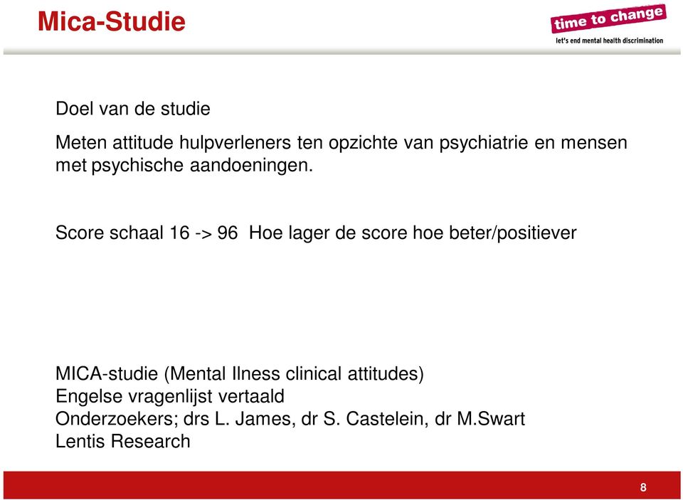 Score schaal 16 -> 96 Hoe lager de score hoe beter/positiever MICA-studie (Mental