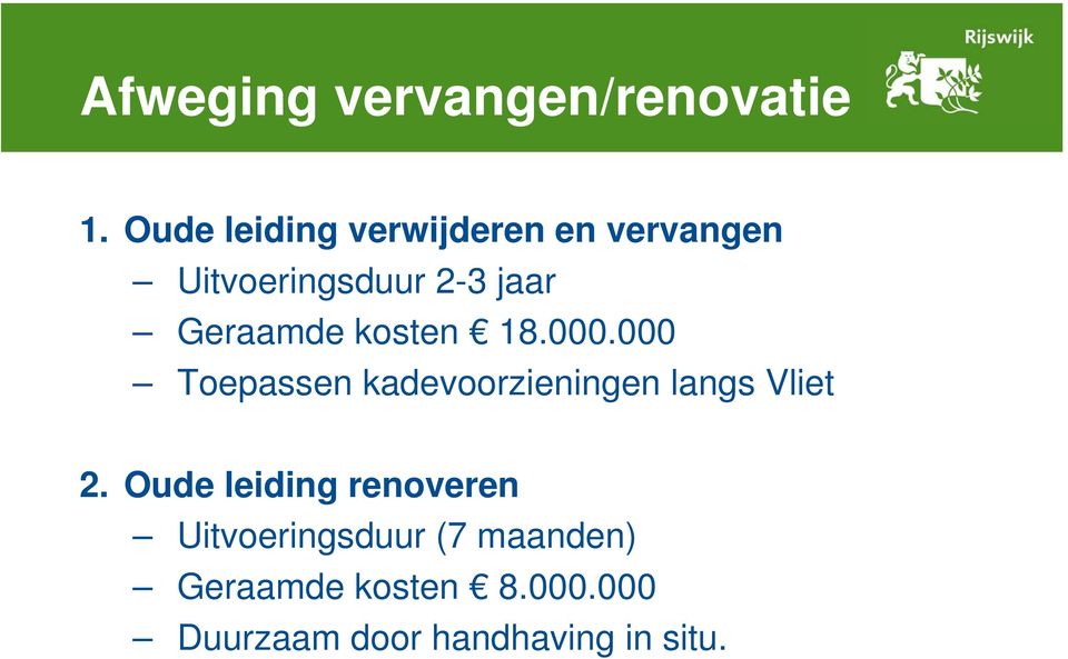 Geraamde kosten 18.000.000 Toepassen kadevoorzieningen langs Vliet 2.