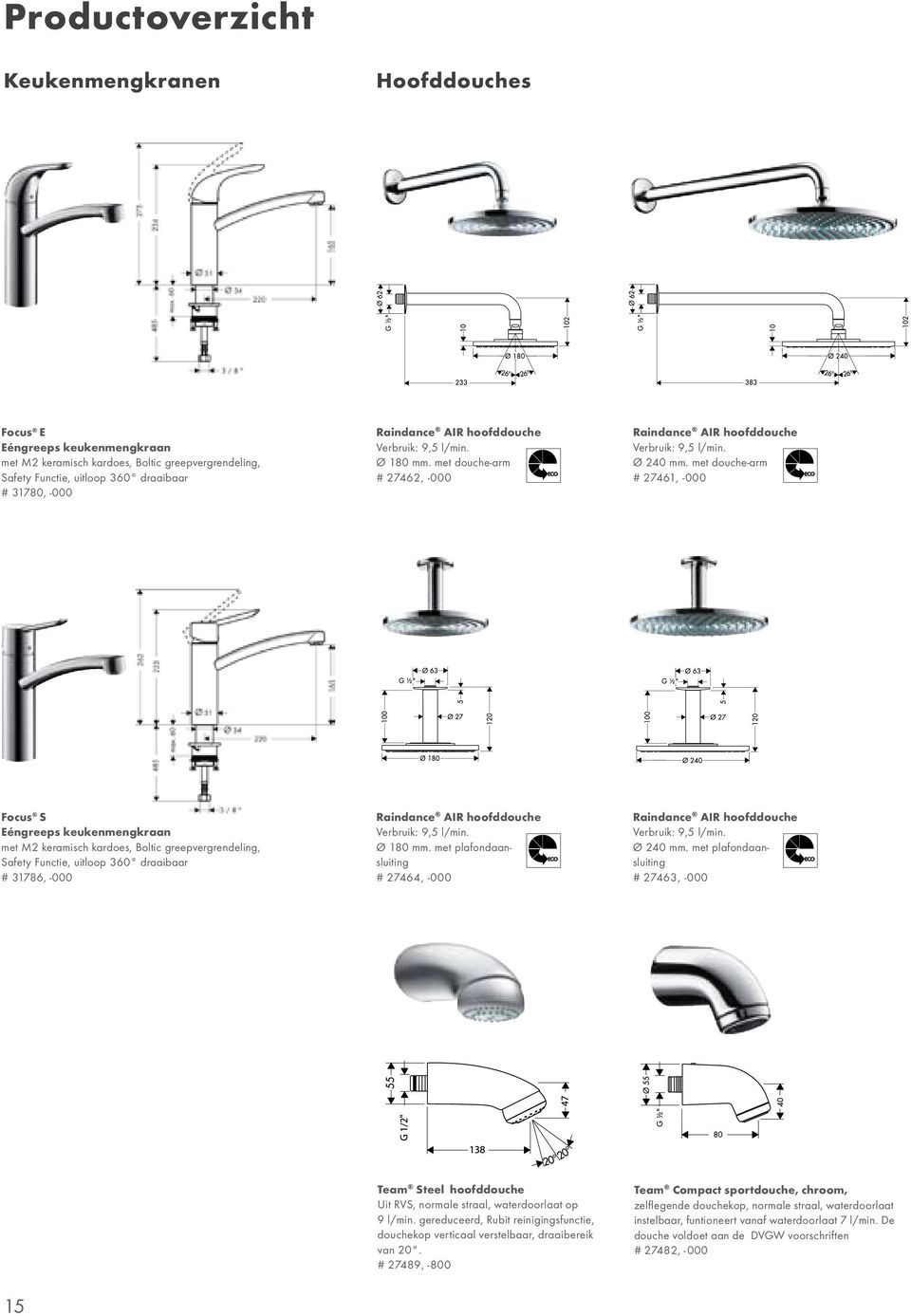 met douche-arm # 27461, -000 Focus S Eéngreeps keukenmengkraan met M2 keramisch kardoes, Boltic greepvergrendeling, Safety Functie, uitloop 360 draaibaar # 31786, -000 Raindance AIR hoofddouche