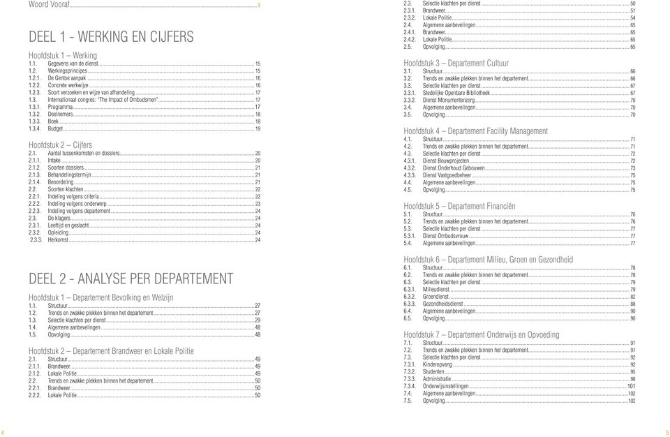 .. 19 Hoofdstuk 2 Cijfers 2.1. Aantal tussenkomsten en dossiers... 20 2.1.1. Intake... 20 2.1.2. Soorten dossiers... 21 2.1.3. Behandelingstermijn... 21 2.1.4. Beoordeling... 21 2.2. Soorten klachten.