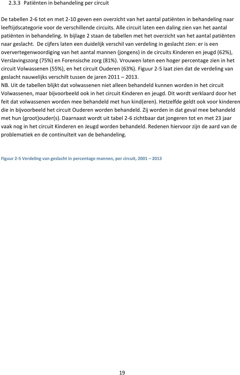 De cijfers laten een duidelijk verschil van verdeling in geslacht zien: er is een oververtegenwoordiging van het aantal mannen (jongens) in de circuits Kinderen en jeugd (62%), Verslavingszorg (75%)