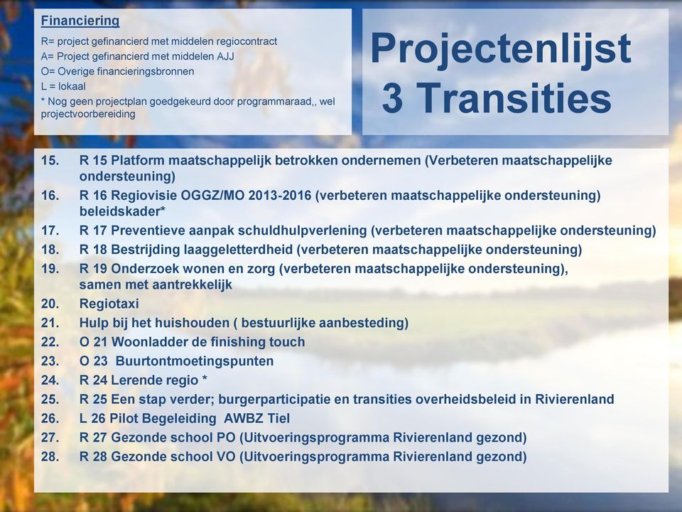 R 16 Regiovisie OGGZ/MO 2013-2016 (verbeteren maatschappelijke ondersteuning) beleidskader* 17. R 17 Preventieve aanpak schuldhulpverlening (verbeteren maatschappelijke ondersteuning) 18.