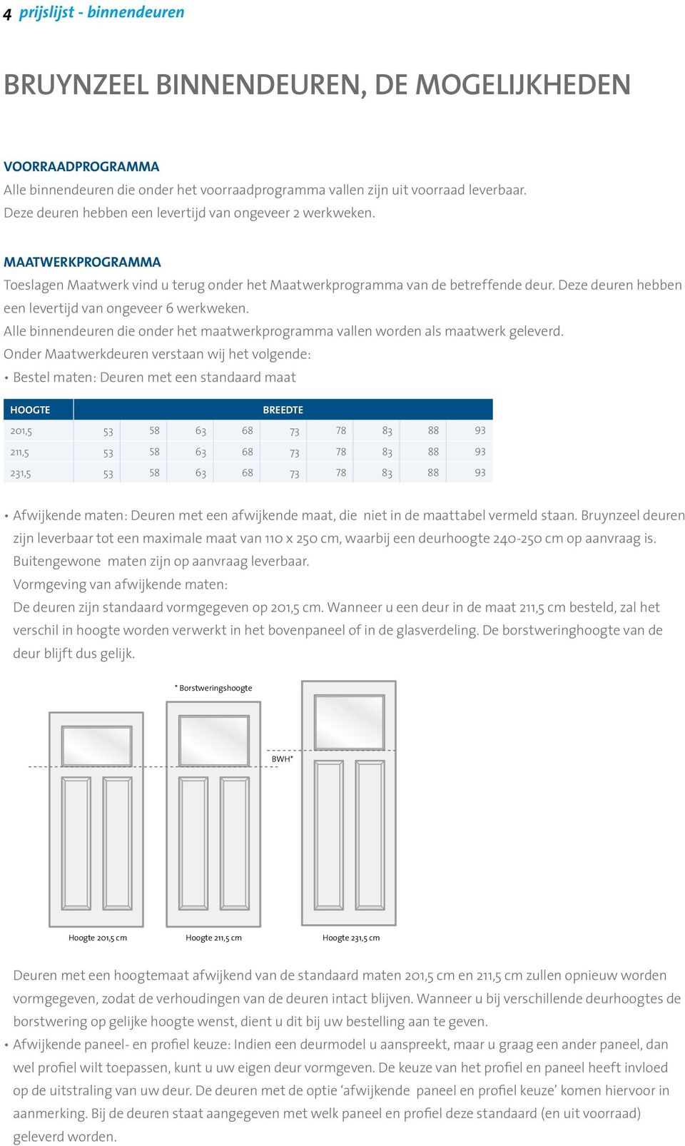 Deze deuren hebben een levertijd van ongeveer 6 werkweken. Alle binnendeuren die onder het maatwerkprogramma vallen worden als maatwerk geleverd.