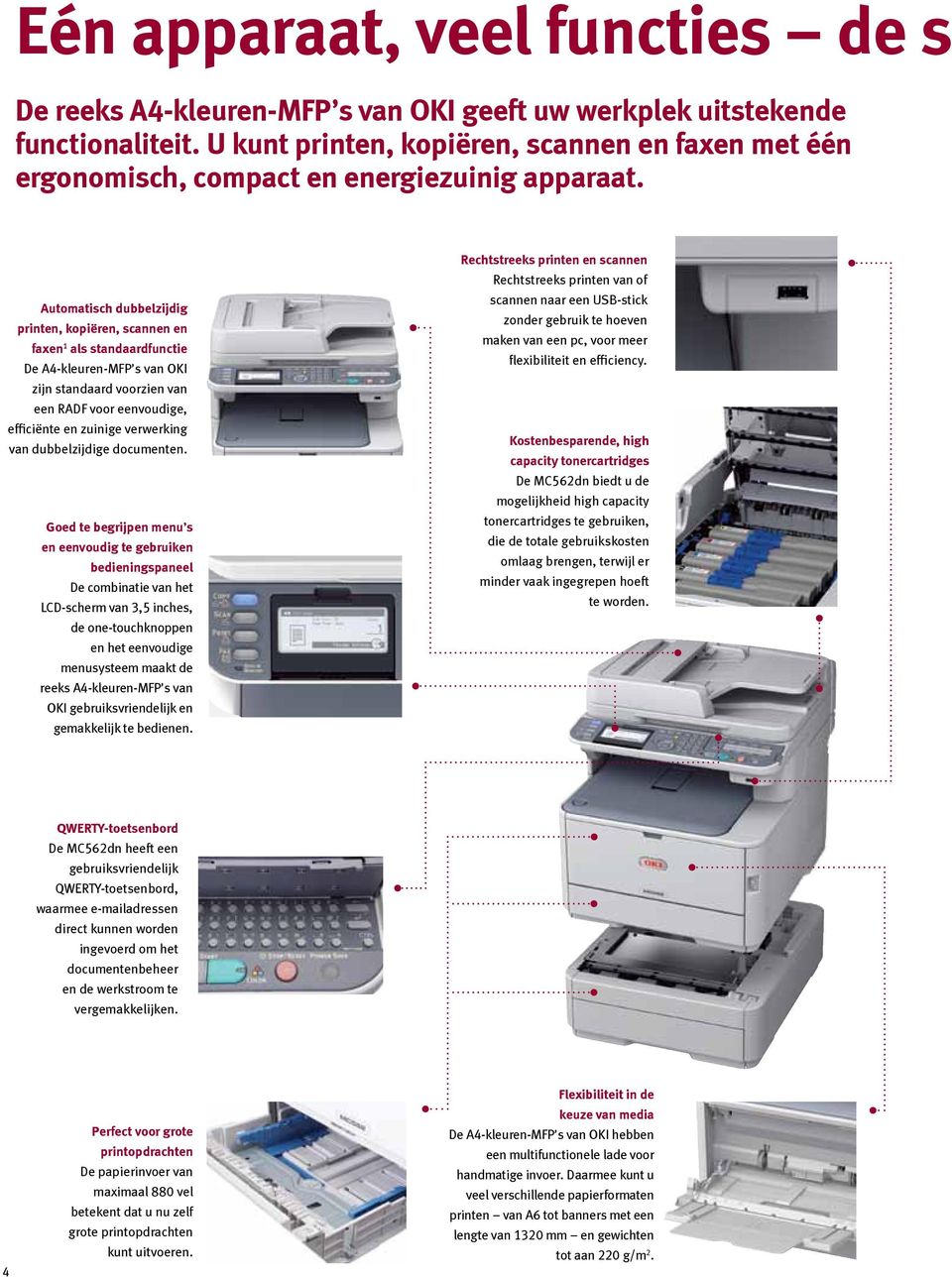 Automatisch dubbelzijdig printen, kopiëren, scannen en faxen 1 als standaardfunctie De A4-kleuren-MFP s van OKI zijn standaard voorzien van een RADF voor eenvoudige, efficiënte en zuinige verwerking