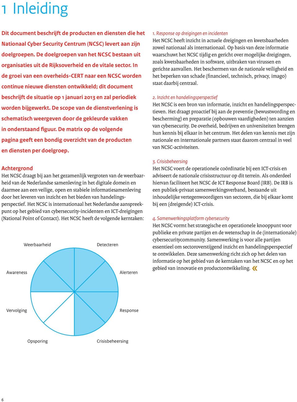 In de groei van een overheids-cert naar een NCSC worden continue nieuwe diensten ontwikkeld; dit document beschrijft de situatie op 1 januari 2013 en zal periodiek worden bijgewerkt.