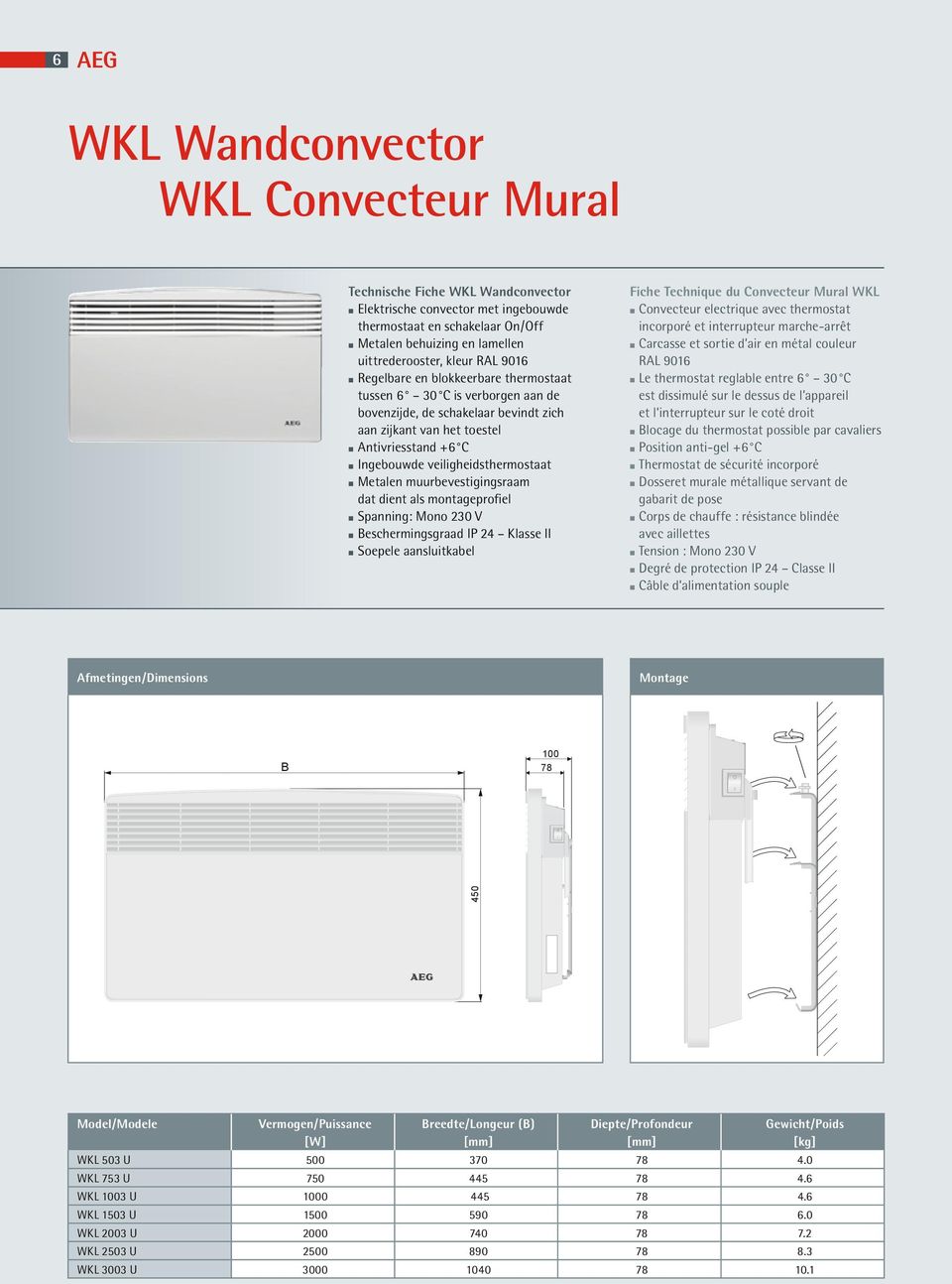 veiligheidsthermostaat Metalen muurbevestigingsraam dat dient als montageprofiel Spanning: Mono 230 V Beschermingsgraad IP 24 Klasse II Soepele aansluitkabel Fiche Technique du Convecteur Mural WKL