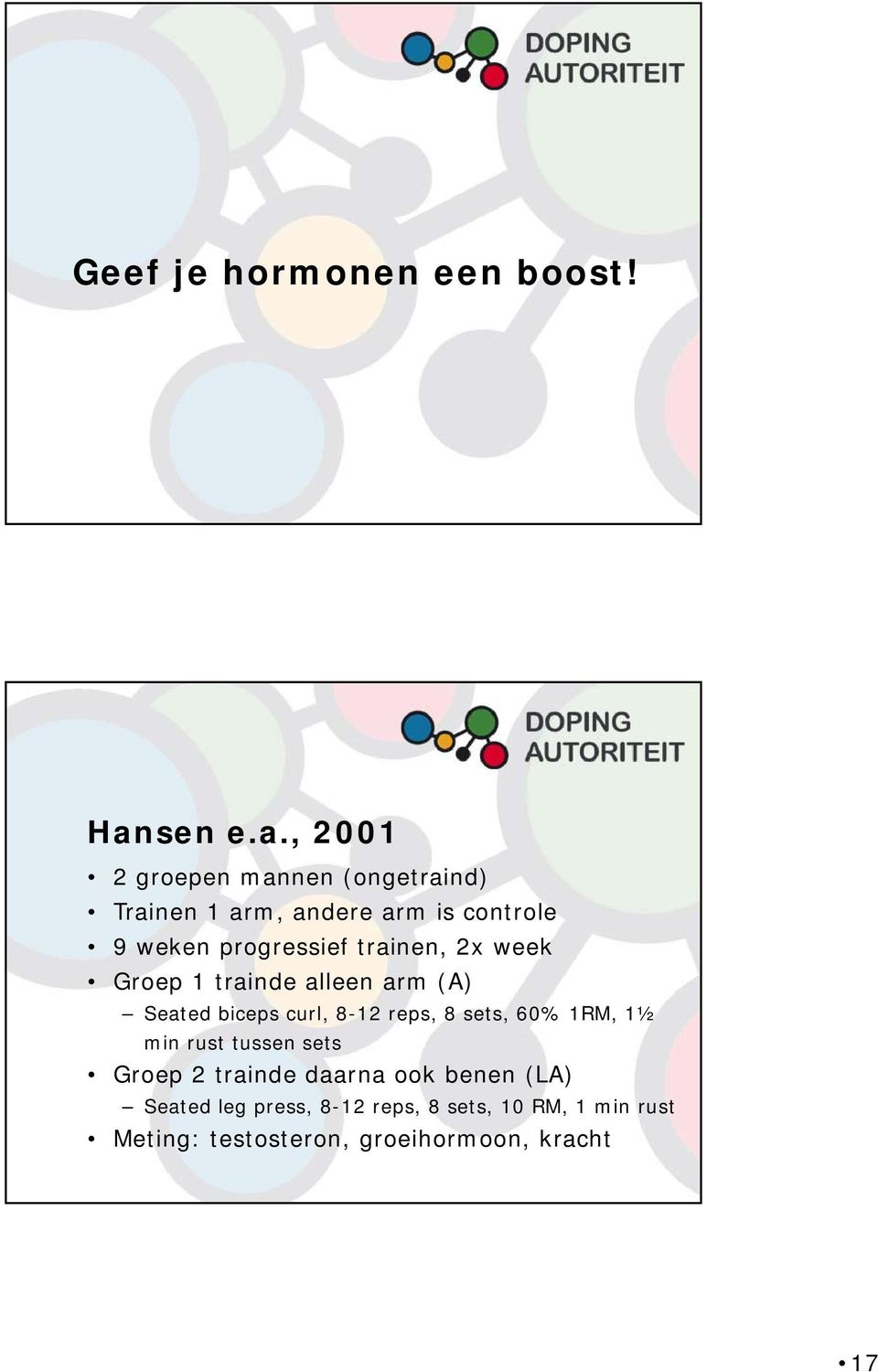 , 2001 2 groepen mannen (ongetraind) Trainen 1 arm, andere arm is controle 9 weken progressief