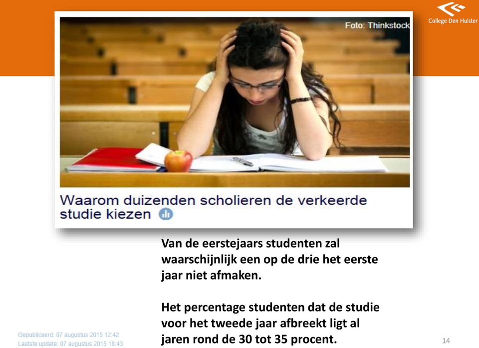 Het percentage studenten dat de studie voor het