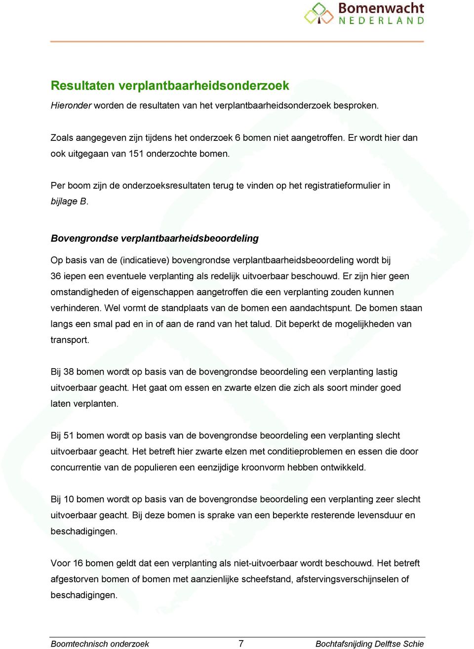 Bovengrondse verplantbaarheidsbeoordeling Op basis van de (indicatieve) bovengrondse verplantbaarheidsbeoordeling wordt bij 36 iepen een eventuele verplanting als redelijk uitvoerbaar beschouwd.