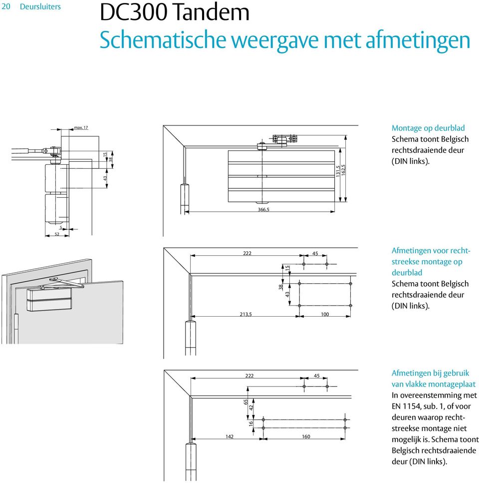 131,5 2,5 15 43 38 366,5 5 52 222 213,5 38 43 15 45 100 Afmetingen voor rechtstreekse montage op deurblad Schema toont Belgisch