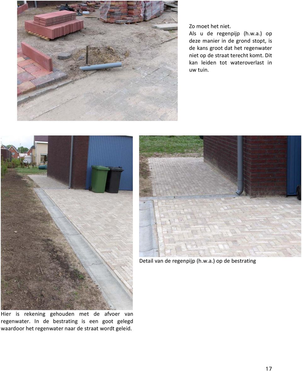 komt. Dit kan leiden tot wateroverlast in uw tuin. Detail van de regenpijp (h.w.a.) op de bestrating Hier is rekening gehouden met de afvoer van regenwater.