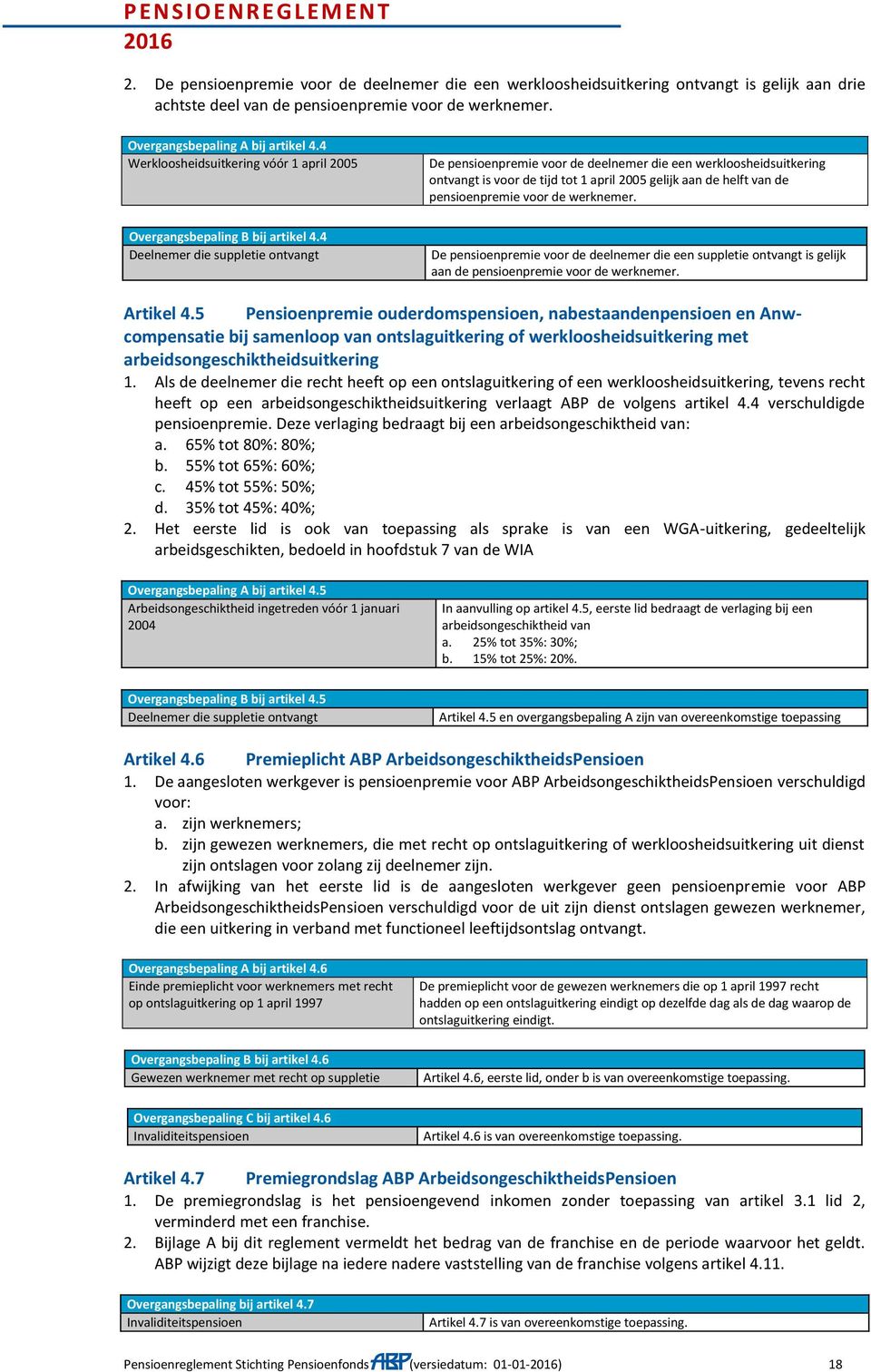 de werknemer. Overgangsbepaling B bij artikel 4.4 Deelnemer die suppletie ontvangt De pensioenpremie voor de deelnemer die een suppletie ontvangt is gelijk aan de pensioenpremie voor de werknemer.