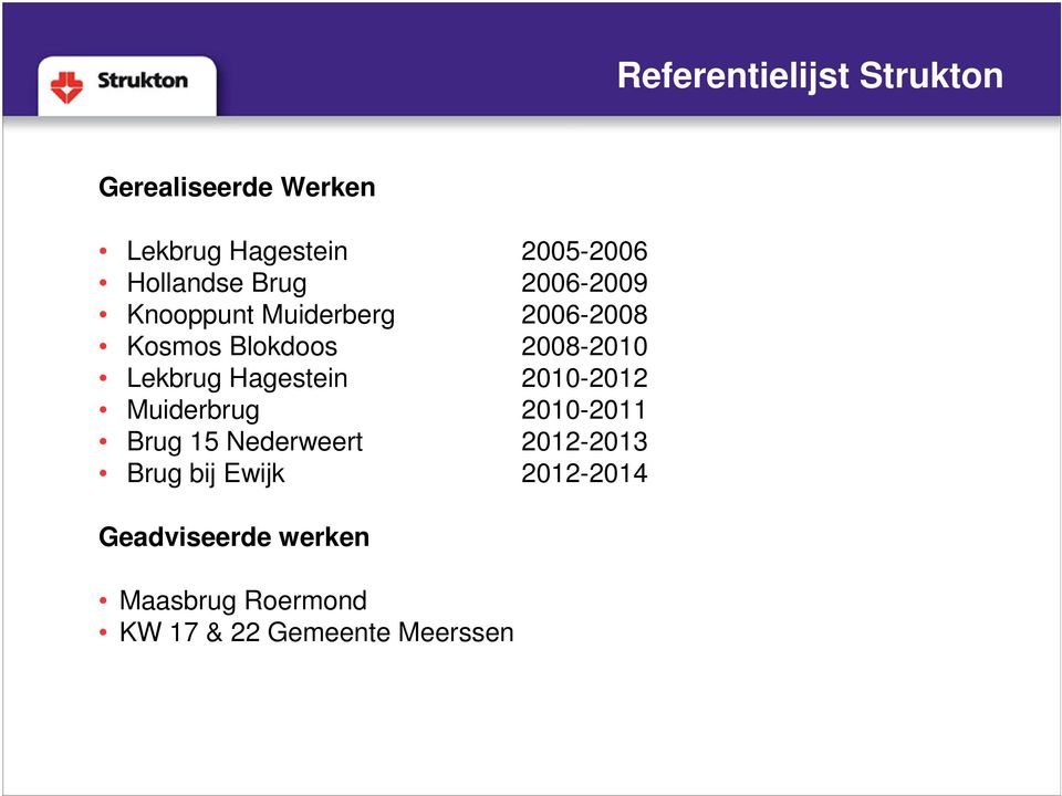 Lekbrug Hagestein 2010-2012 Muiderbrug 2010-2011 Brug 15 Nederweert 2012-2013