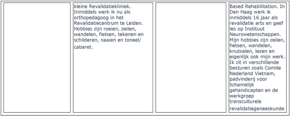 In Den Haag werk ik inmiddels 16 jaar als revalidatie arts en geef les op Instituut Neurowetenschappen.