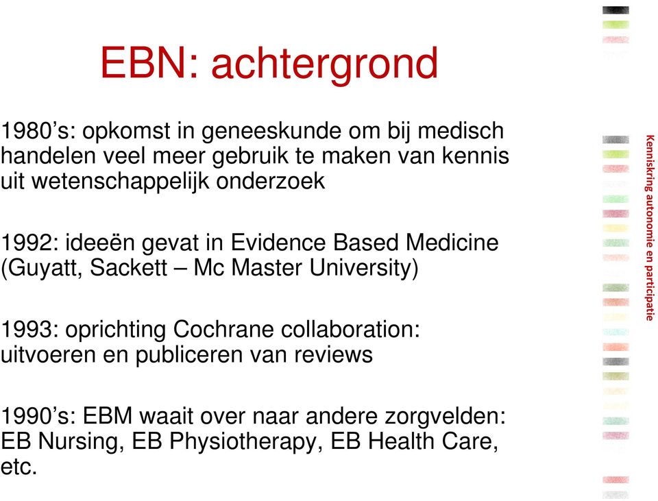 University) 1993: oprichting Cochrane collaboration: uitvoeren en publiceren van reviews Kenniskring