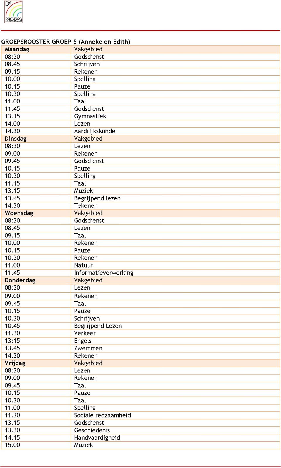 15 Taal 10.00 Rekenen 10.15 Pauze 10.30 Rekenen 11.00 Natuur 11.45 Informatieverwerking Donderdag 08:30 Lezen 09.00 Rekenen 09.45 Taal 10.15 Pauze 10.30 Schrijven 10.45 Begrijpend Lezen 11.