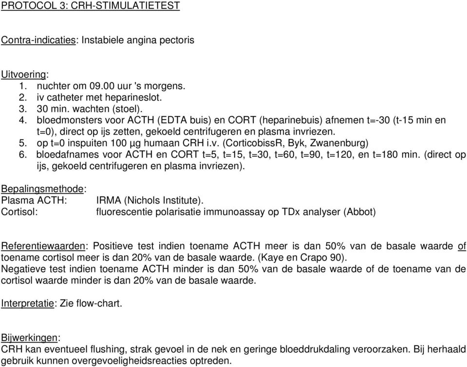 bloedafnames voor ACTH en CORT t=5, t=15, t=30, t=60, t=90, t=120, en t=180 min. (direct op ijs, gekoeld centrifugeren en plasma invriezen).